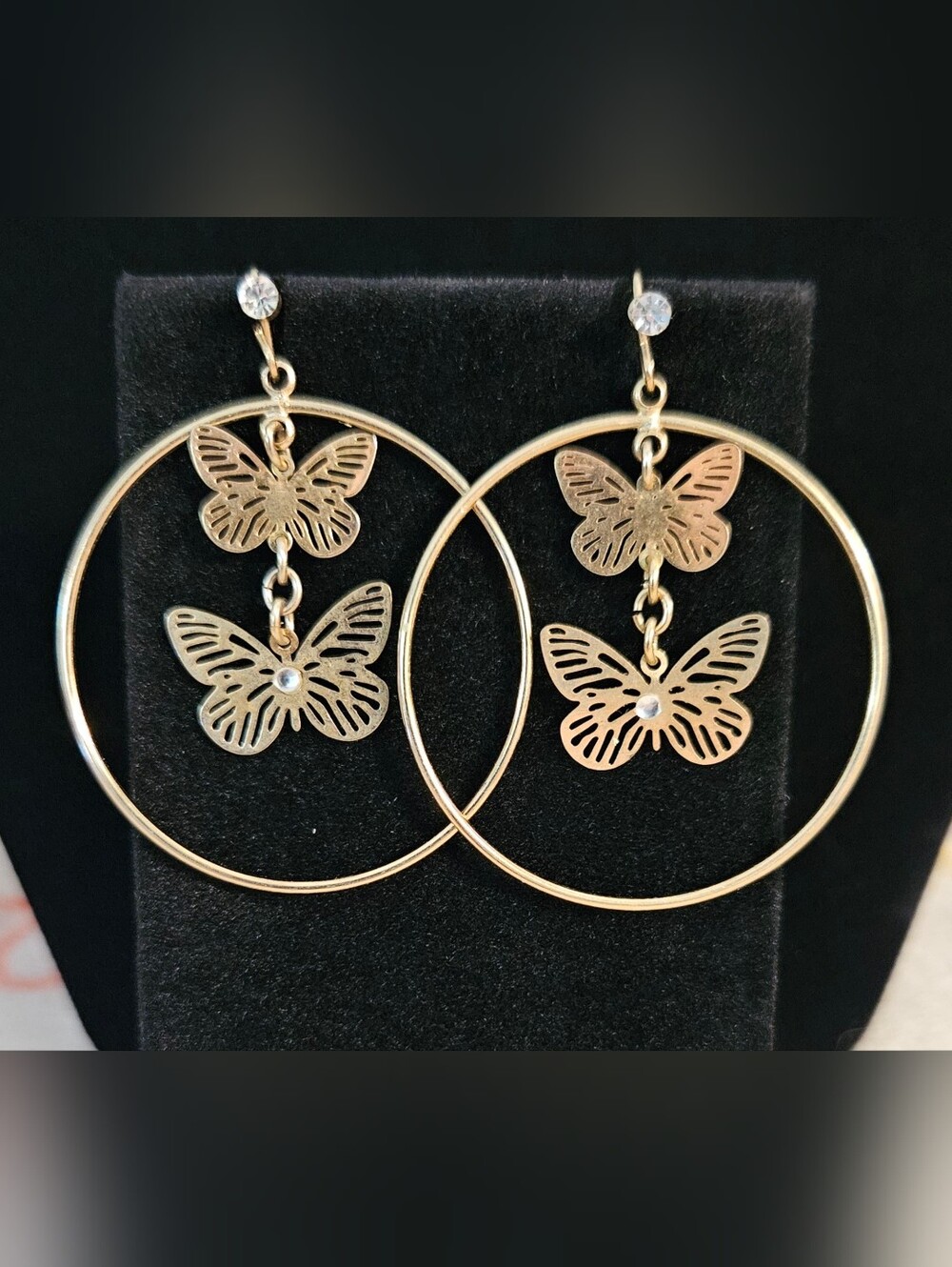 Gold Butterfly Double Drop Hoop Earrings - Women Jewelry